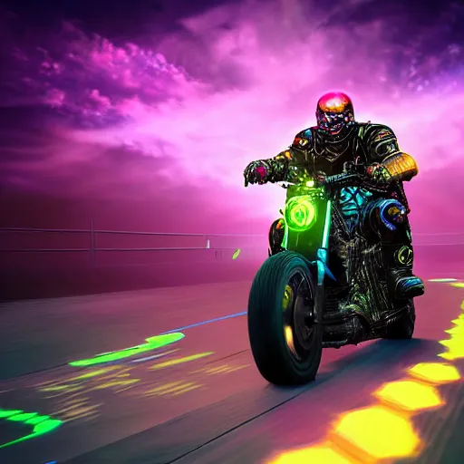 Prompt: psychedelic blacklight neon airbrush artwork, motorcycle, hyper stylized cinematic action shot of an orc racing on a motorcycle, menacing orc, drifting, skidding, wheelie, clear focused details, soft airbrushed artwork, black background, post apocalypse, cgsociety, artstation