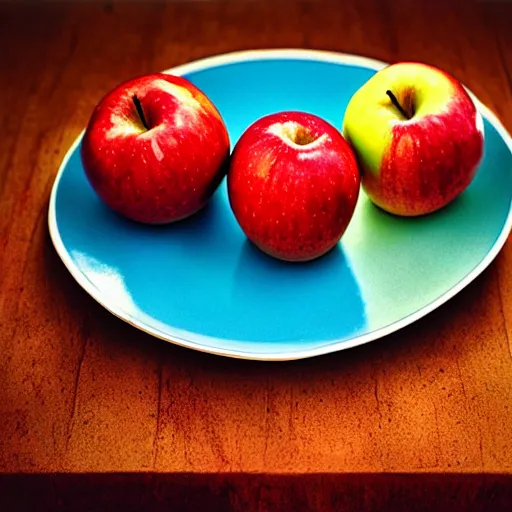 Image similar to a wide angle side view realistic photo of only 3 apples on a colorful plate, award winning, food photography, by ansel adams