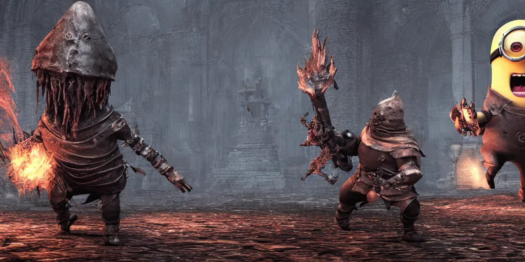 Image similar to minion as a darksouls boss, horror, hd, screenshot,