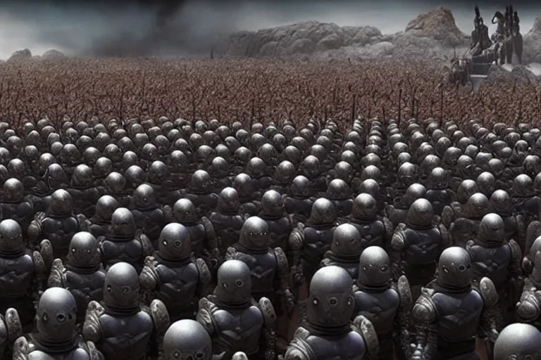 Image similar to vfx film, game of thrones robot army, flat color profile low - key lighting award winning photography arri alexa cinematography, big crowd, hyper real photorealistic cinematic beautiful, atmospheric cool colorgrade