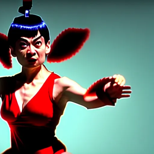 Prompt: mr. bean as chun li from the streetfighter movie. movie still. cinematic lighting.