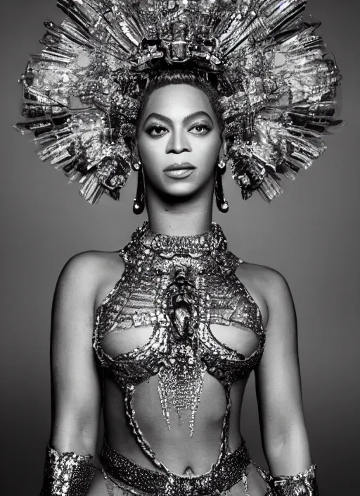 Image similar to photo of beyonce styled by nick knight posing, intricate headpiece, showstudio, face close up, vogue magazine, 2 0 2 0, canon, highly realistic. high resolution. highly detailed. dramatic. 8 k. 4 k. zeiss lens, canon eos, cinematic lighting, photography, film still