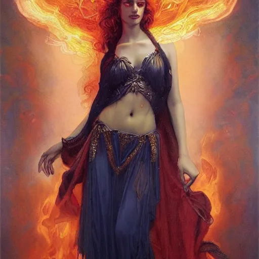 Image similar to a masterpiece full body portrait a beautiful Persephone, queen of the underworld in Hades, beautiful face, flawless skin, flames and smoke in background, by Edgar Maxence and Ross Tran and Michael Whelan