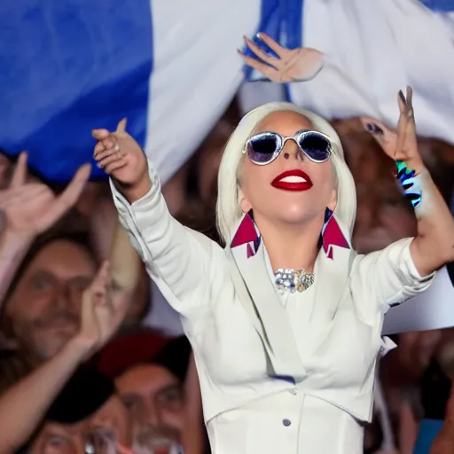 Image similar to Lady Gaga as president, Argentina presidential rally, Argentine flags behind, bokeh, giving a speech, detailed face, Argentina