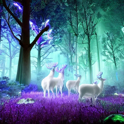 Image similar to ethereal white deer stands in the center of a dark blue tree grove, surrounded by purple neon glowing flowers and glowing mushrooms. the moonlight peeking through the trees. ultra realistic, 4k.