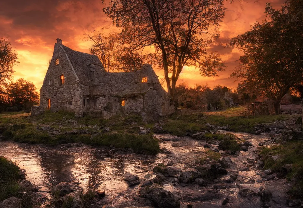 Image similar to a small stone medieval house near a small river at sunset, dramatic lighting, cinematic lighting, HDR, highly detailed, high quality, Seb McKinnon style, 8k, anime style