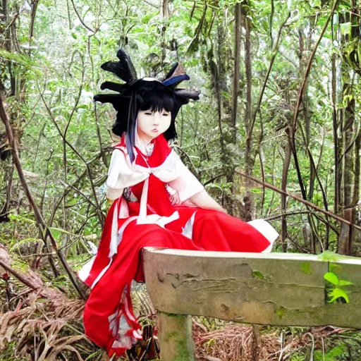 Image similar to a amano yoshitaka of reimu in the jungle wearing bonnet