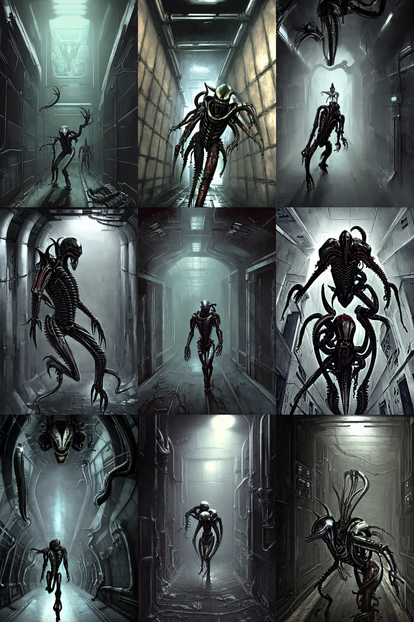 Prompt: horror movie scene of someone in futuristic armor being chased down a hallway, xenomorph from alien chasing someone, rusty metal walls, broken pipes, dark colors, muted colors, tense atmosphere, mist floats in the air, amazing value control, dead space, moody colors, dramatic lighting, ussg ishimura, frank frazetta, h. r. giger