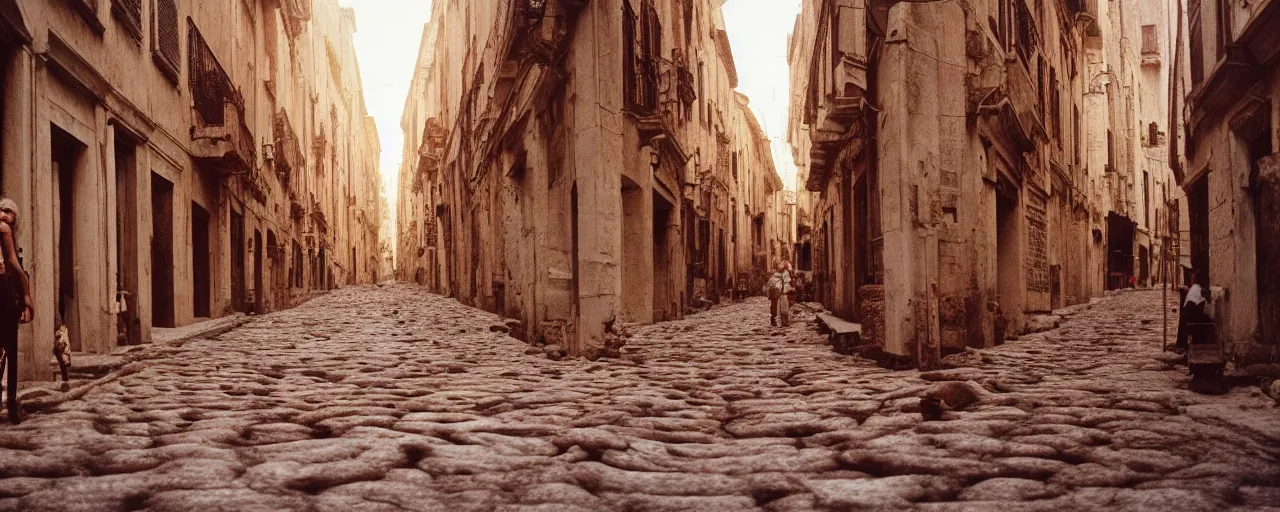 Image similar to wide shot of spaghetti in ancient roman streets and, sigma 8 0 mm, cinematic lighting, photography, wes anderson, kodachrome