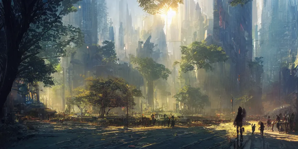 Image similar to a fantasy solarpunk new york city, landscape illustration by greg rutkowski, bright sunlight, sun glints, vivid and colorful trees and plants and flowers, smooth digital concept art, 4 k, trending on artstation