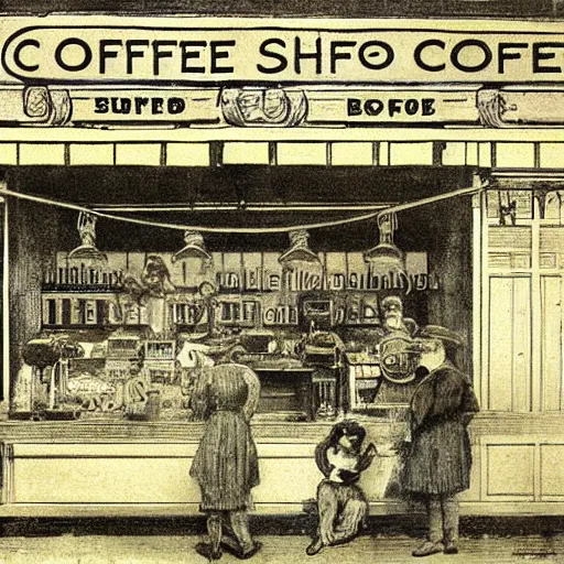 Image similar to A coffee shop, very detailed, 1900 illustration artwork