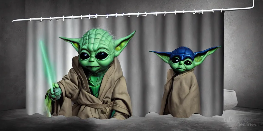 Image similar to a ( ( ( ( ( mando mandalorian ) ) ) ) ) baby yoda themed shower curtain, shower curtain. product photography. product lighting. digital art. 4 k, highly detailed. saturated. 3 d render.