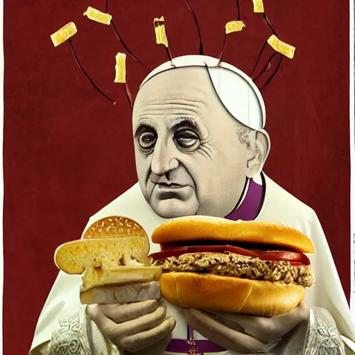 Image similar to a amazing new surrealist hybrid of the pope mixed with an anthropomorphic cheeseburger made of the popes face by kandinskali and catrin welz - stein, melting cheese, steamed buns, grilled artichoke, sliced banana, salami, milk duds, licorice allsort filling