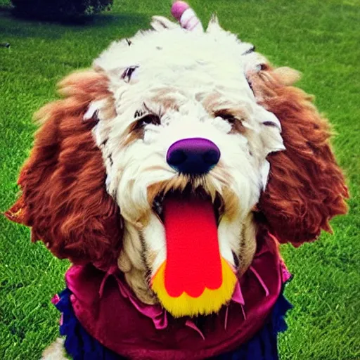 Image similar to scary clown, goldendoodle