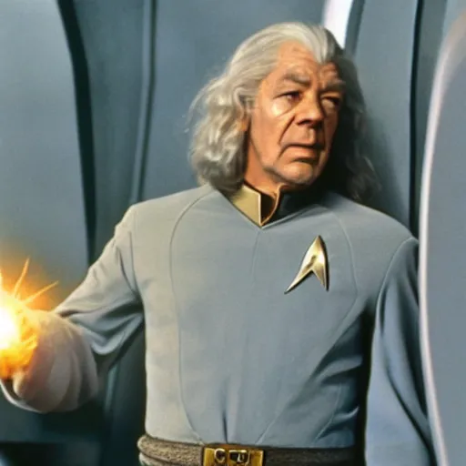 Image similar to A still of Gandalf as Captain Kirk on Star Trek