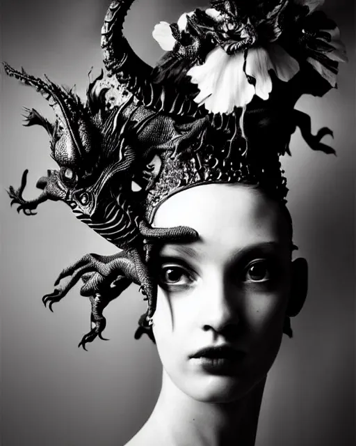 Prompt: dark background, a black and white high quality dreamy photo of a young beautiful female queen-dragon-vegetal-flower-cyborg bust with a very long neck, elegant, highly detailed, poetic, soft, dreamy, mysterious, high fashion, rim light, in the style of Ellen von Unwerth, Realistic, Refined, Digital Art, Highly Detailed, Cinematic Lighting, rim light, black and white, photo-realistic, 8K