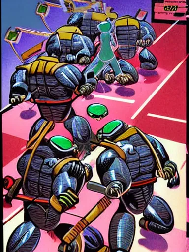 Image similar to full - color 1 9 8 5 anime illustration of the ninja turtles fighting against the terminator endoskeleton inside the cluttered cyberdyne lab. highly - detailed professional art ; high - resolution.