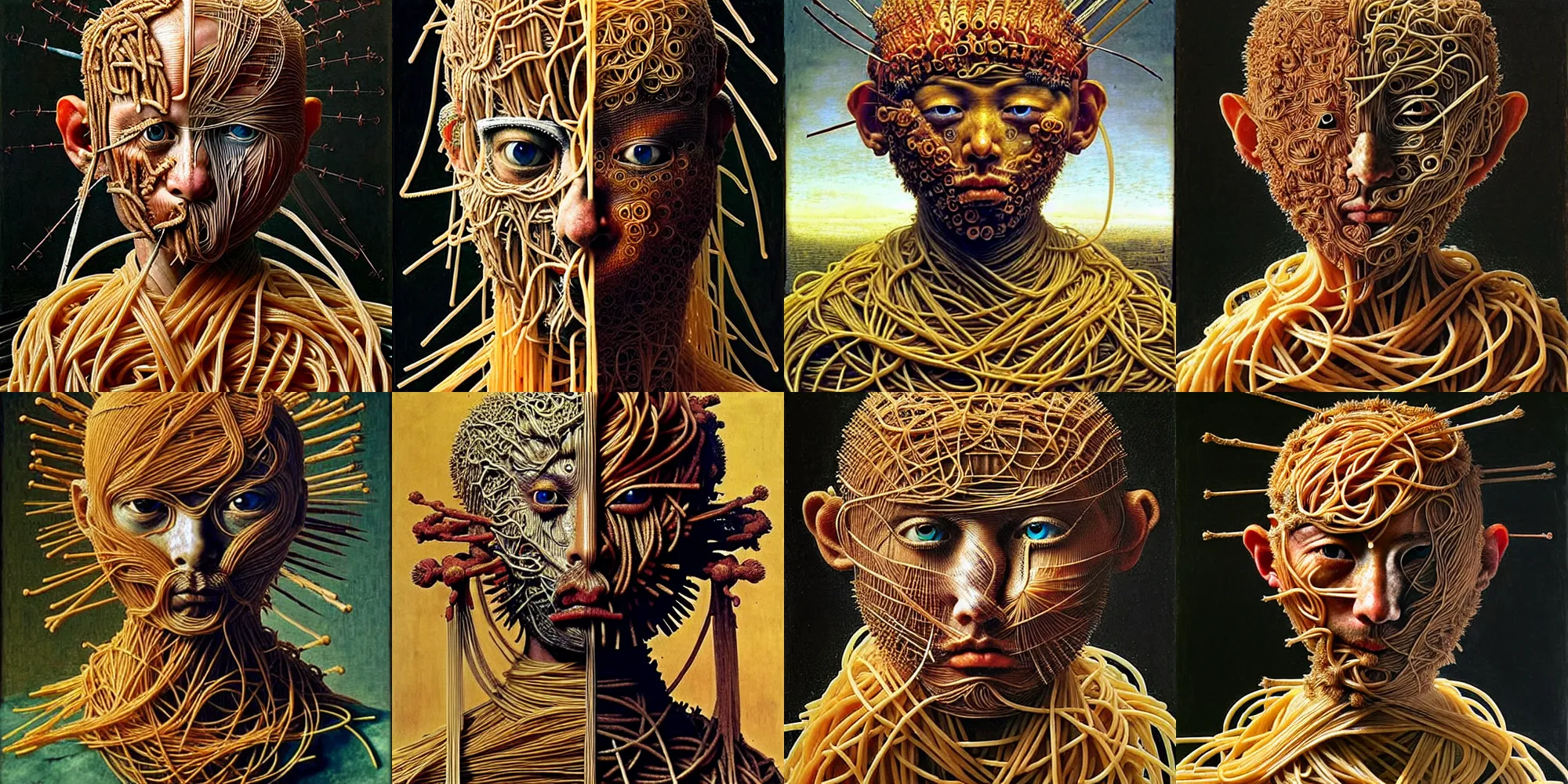 Prompt: half boy half rhibo made of spaghetti, intricate armor made of spaghetti fractals, ancient warrior, samurai style, by giuseppe arcimboldo and ambrosius benson, renaissance, intricate and wet oil paint, a touch of beksinski, realistic