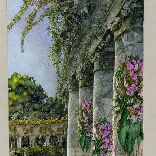 Image similar to delicate marble garden on paper floating puffy vines botanical 1 9 2 0 herbarium botanic watercolors coastline iridescent 8 k wide angle realistic shaded fine details, artstation italian rainbow colonnade oak pinecone gardena architecture pompeii boundary wall