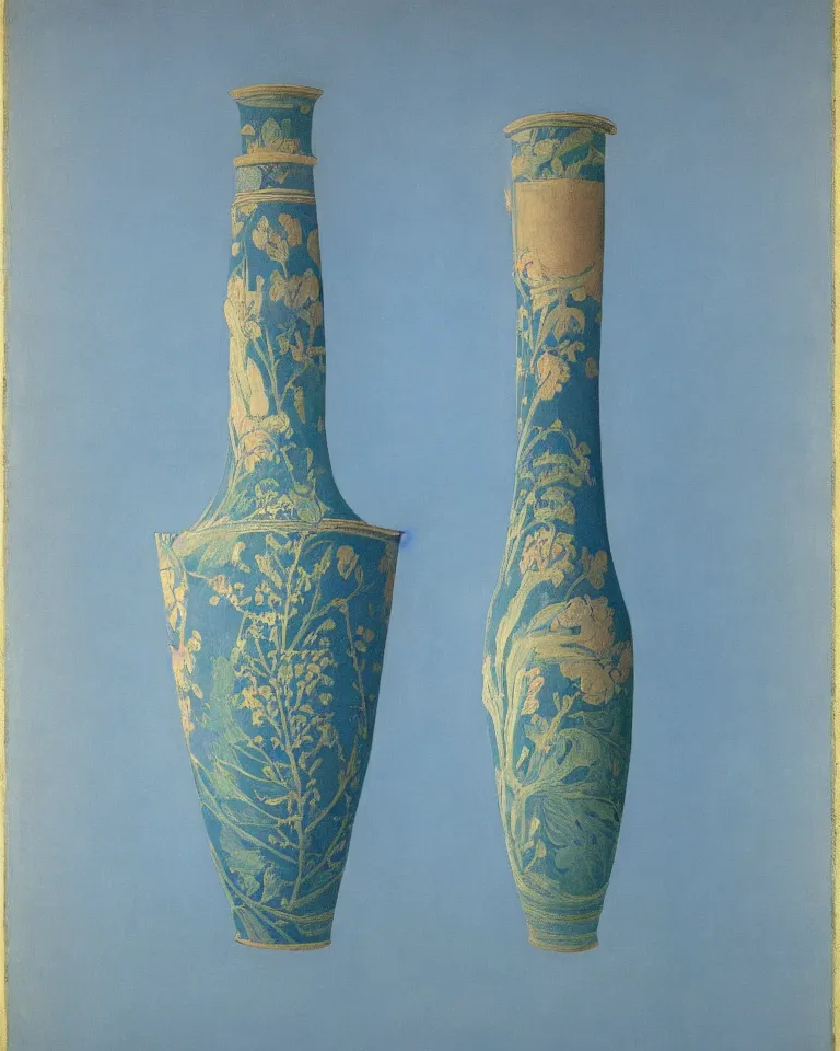 Prompt: achingly beautiful print of intricately painted ancient greek lekythos on a baby blue background by rene magritte, monet, and turner.