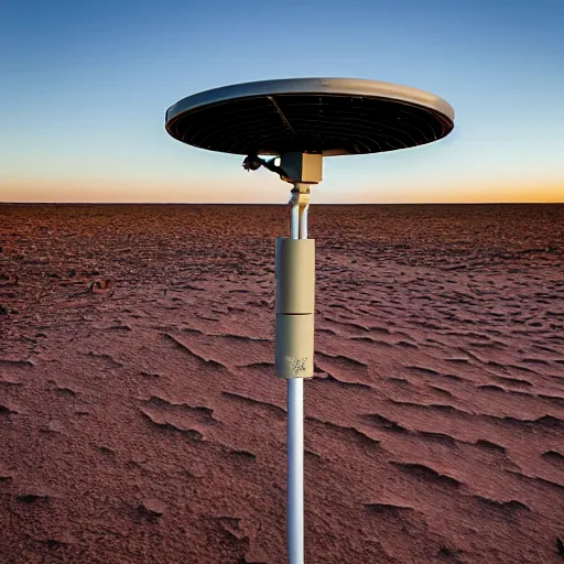 Image similar to mobile camoflaged rugged weather station sensor antenna for monitoring the australian desert, XF IQ4, 150MP, 50mm, F1.4, ISO 200, 1/160s, dawn