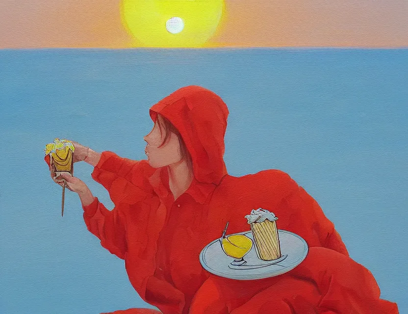 Image similar to a painting of a lazy red tomato on a sunny beach eating ice cream, a sunset by james jean