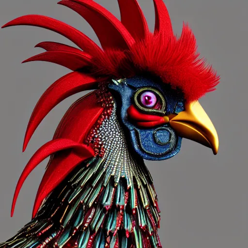 Image similar to portrait of an punk rock rooster, intricate. detailed, octane render, trending on artstation, hyper realism, 4k.