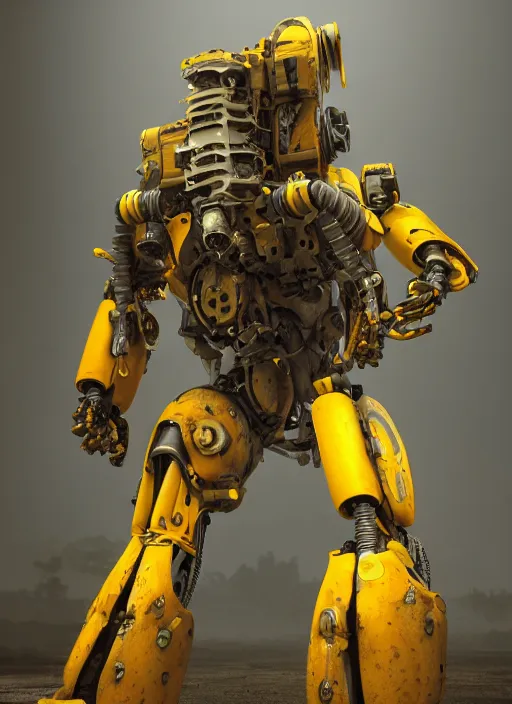 Image similar to a photorealistic dramatic hyperrealistic render of a futuristic exosuit power loader heavy machinery, ultra realistic details, glossy yellow, well worn, rust, oil stains by vitaly bulgarov and mike nash, beautiful dramatic dark moody tones and lighting, cinematic atmosphere, studio lighting, shadows, dark background, octane render, 8 k