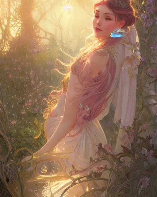 Image similar to secret romance, highly detailed, gold filigree, romantic storybook fantasy, soft cinematic lighting, award, disney concept art watercolor illustration by mandy jurgens and alphonse mucha and alena aenami, pastel color palette, featured on artstation