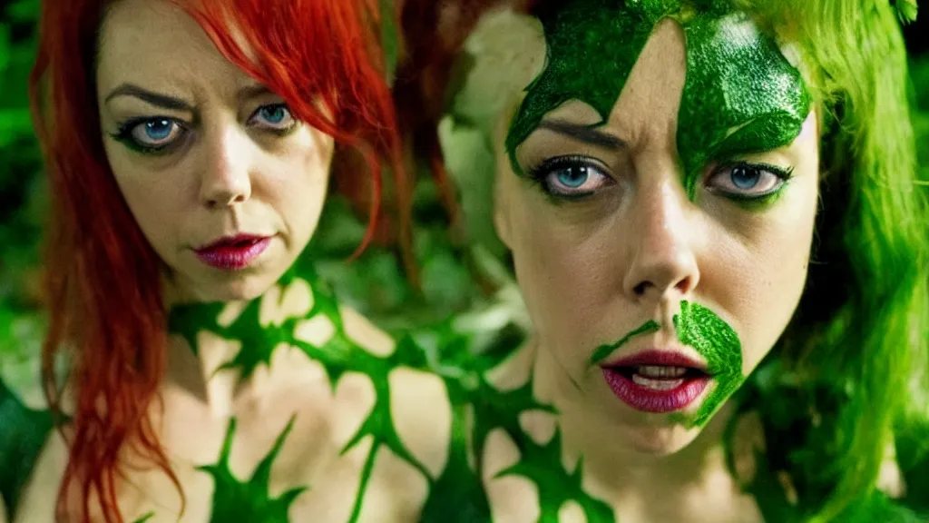 Image similar to Aubrey Plaza as Poison Ivy in The Dark Knight, green skin film still from the movie directed by Denis Villeneuve with art direction by Salvador Dalí, wide lens