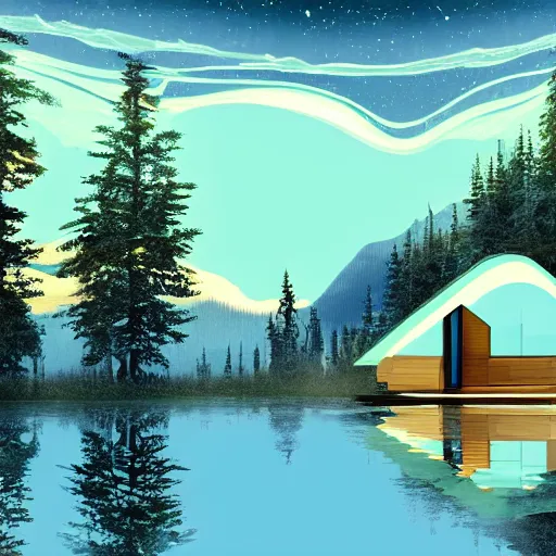 Image similar to small sci - fi cottage at the edge of a lake in the mountains, retro illustration on parchment, soft glowing windows, early evening, reflections, pine trees,