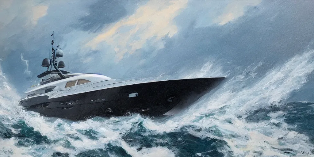 Image similar to motor yacht in a turbulent sea, 8 k, expressive, highly detailed, aiwasowski style,