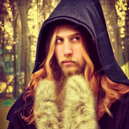 Prompt: portrait of a mysterious wizard with a Hood, bright eyes, fantasy, mucha style, bokeh, magic lights, cinematic