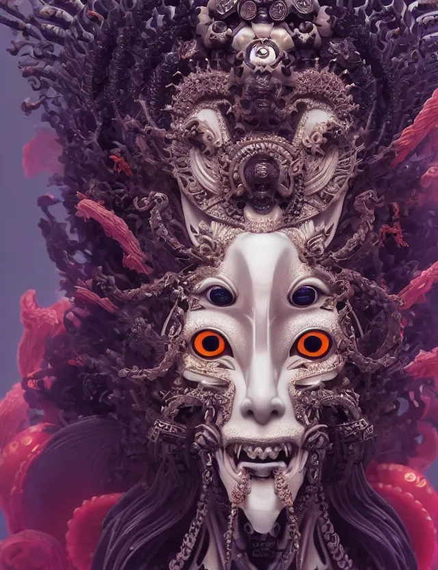 Image similar to 3 d goddess of hell close - up profile portrait with ram skull. beautiful intricately detailed japanese crow kitsune mask and clasical japanese kimono. betta fish, jellyfish phoenix, bio luminescent, plasma, ice, water, wind, creature, artwork by tooth wu and wlop and beeple and greg rutkowski