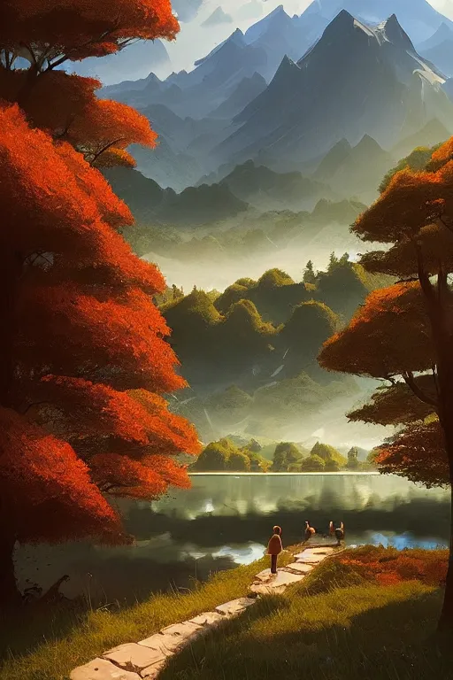 Prompt: beautiful matte painting by goro fujita concept art fantasy path mountains and meadow in the background near a lake reflecting the trees, atmospheric lighting, painted, intricate, volumetric lighting, beautiful, rich deep colors masterpiece, sharp focus, ultra detailed by