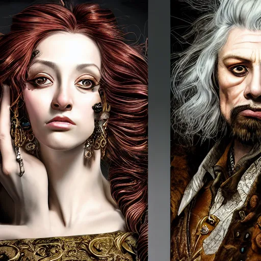 Image similar to portrait, headshot, insanely nice professional hair style, dramatic hair color, digital painting, of a old 17th century, old cyborg merchant, amber jewels, baroque, ornate clothing, scifi, realistic, hyperdetailed, chiaroscuro, concept art, art by Franz Hals and Jon Foster and Ayami Kojima and Amano and Karol Bak,