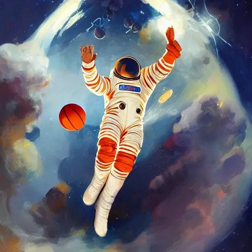 Prompt: An astronaut playing basketball in space, oil on canvas by Frank Frazetta, artstation, digital art, WLOP, Mandy Jurgens