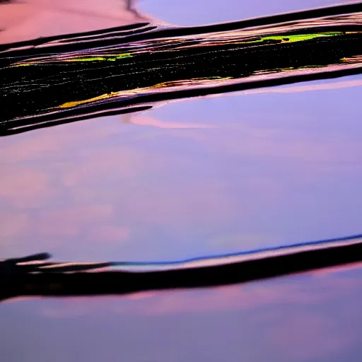 Prompt: close - up of a puddle of fuel, gas, diesel, iridescent shine reflection