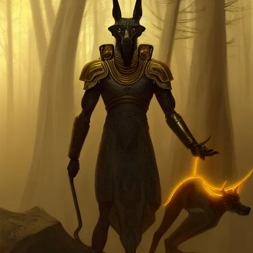 Image similar to long shot photo of humanoid anubis wear in golden heroic armour in the foggy forest, foggy bottom, highly detailed, digital painting, artstation, smooth, sharp focus, illustration, art by artgerm and greg rutkowski and alphonse mucha