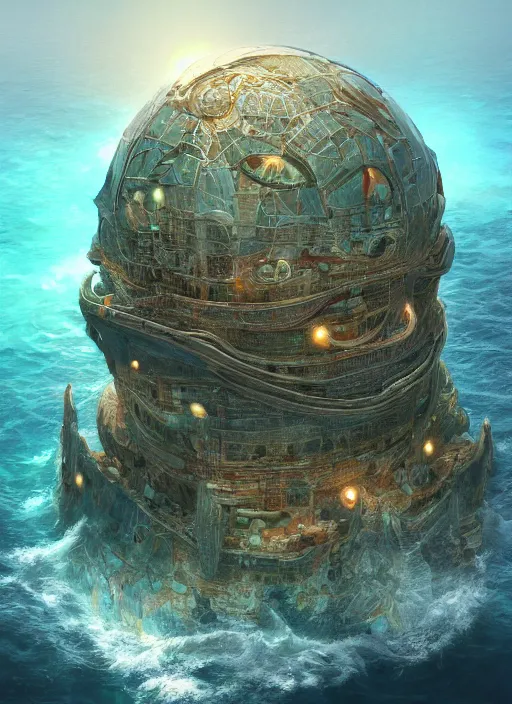 Image similar to masterpiece artwork of a underwater dome inside the ocean, au naturel, hyper detailed, digital art, trending in artstation, cinematic lighting, studio quality, smooth render, unreal engine 5 rendered, octane rendered, art style by klimt and nixeu and ian sprigger and wlop and krenz cushart