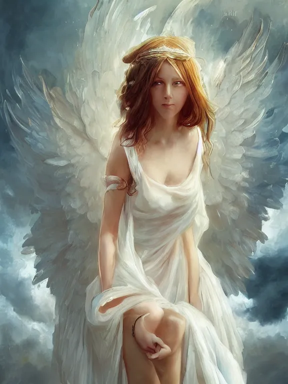 Prompt: classical oil painting of an angel wearing see through white dress by marc simonetti, beautiful anime portrait, ornate, official artwork, stylistic, brush strokes, oil, canvas