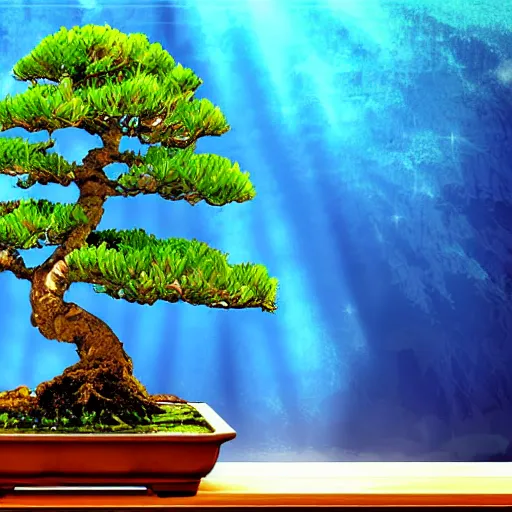 Image similar to A bonsai tree growing out of a fish tank, digital art