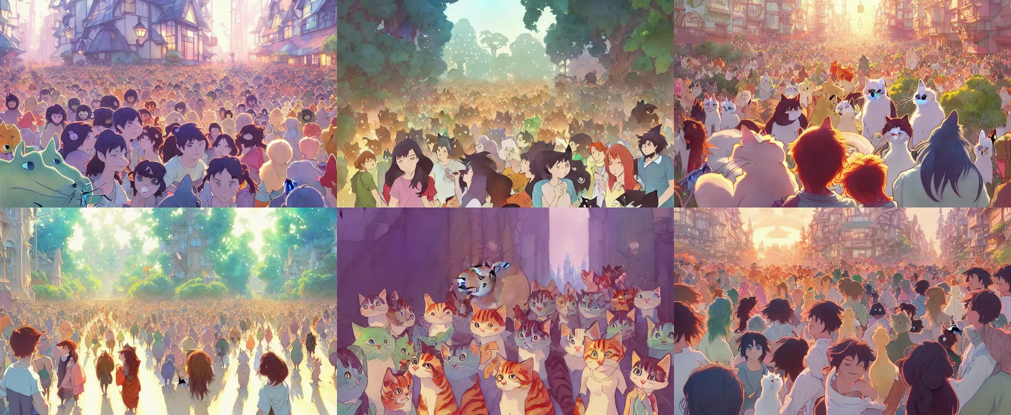 Prompt: a wholesome animation key shot of hundreds of cats protesting for more food, studio ghibli, pixar and disney animation, sharp, disney concept art watercolor illustration by mandy jurgens and alphonse mucha and alena aenami, pastel color palette, dramatic lighting