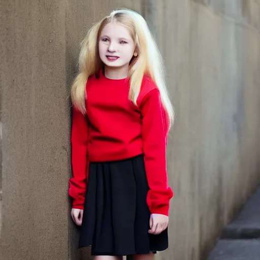 Image similar to of long blond hair teenage girl wearing red sweater with short black skirt and high heal shoes