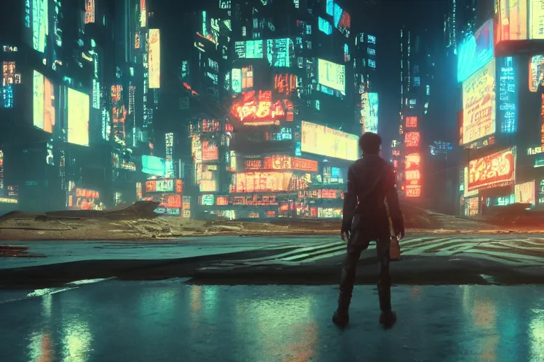 Prompt: 3d render of Akira movie, in front of a dilapidated advanced cyberpunk city at night, lit up by the streetlights and electronic billboards, 4k, Unreal Engine, octane render