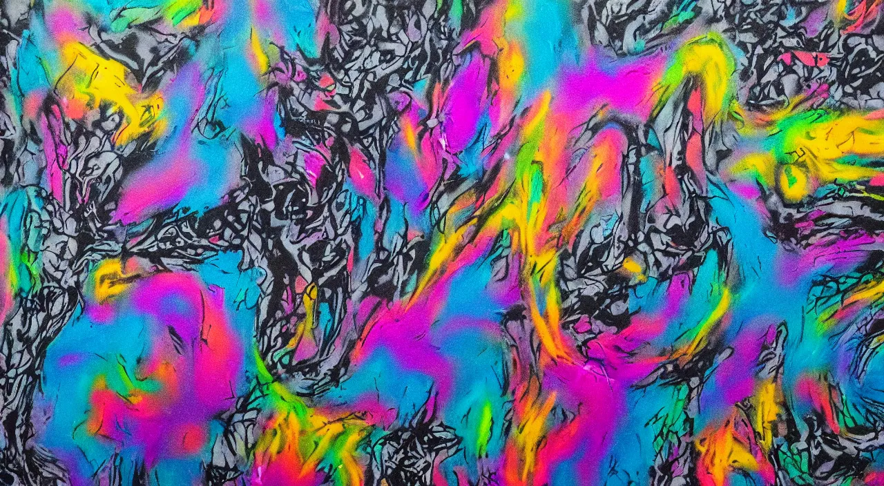 Prompt: grainy abstract generative spray paint art by hr giger and lisa frank, ink chalk and spraypaint on concrete