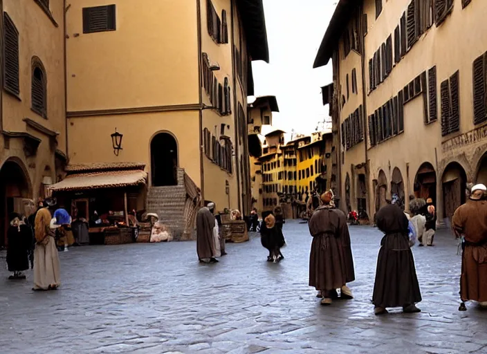 Image similar to street scene from a 2 0 1 0 film set in 1 4 5 0 showing florence italy