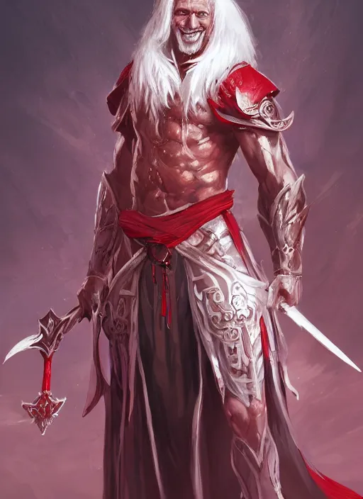 Image similar to a highly detailed illustration of white haired african priest, wearing cross on robe, wielding red blades made of blood, evil standing smiling pose, muscular, intricate, elegant, highly detailed, centered, digital painting, artstation, concept art, smooth, sharp focus, league of legends concept art, WLOP