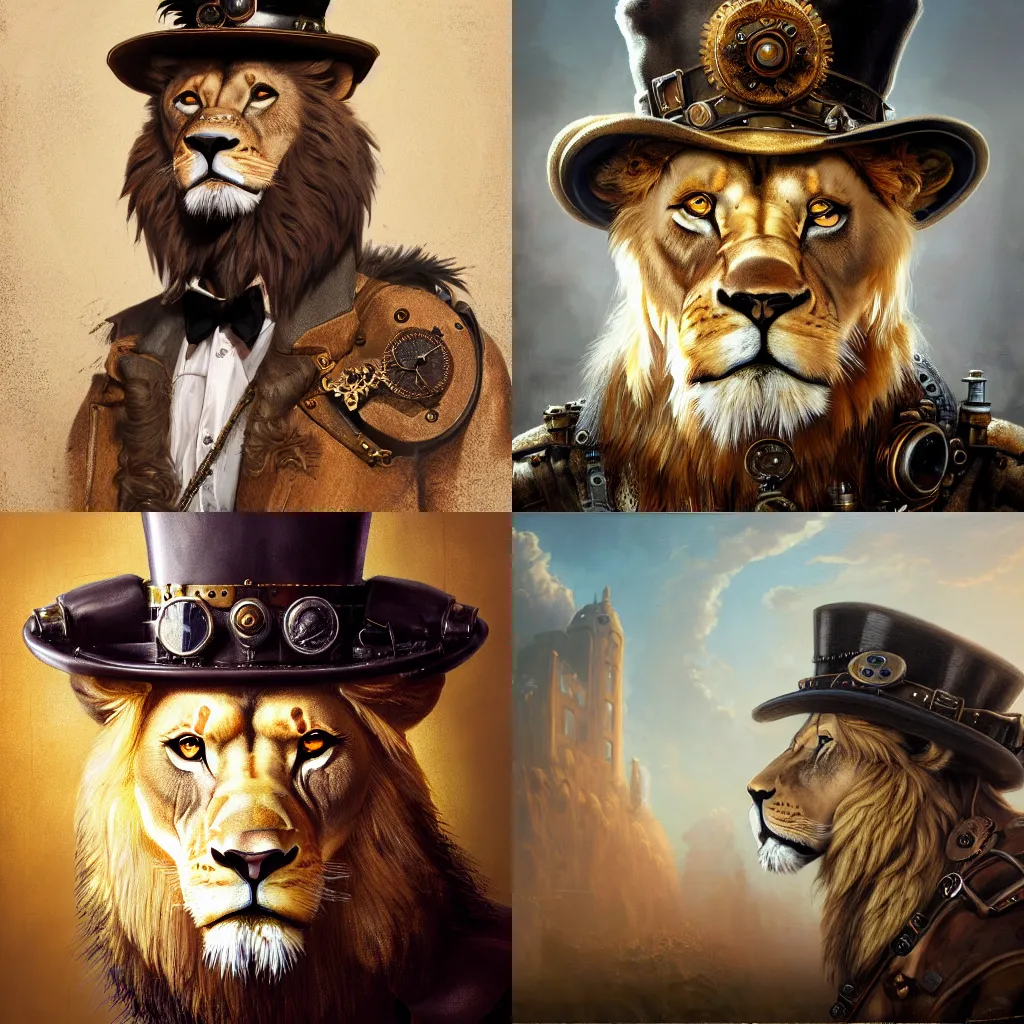 Prompt: oil painting portrait of handsome lion face, wearing very detailed intricate steampunk hat and detective coat and steampunk monocle, upper body, fantasy style, octane render, volumetric lighting, 8k high definition, by greg rutkowski, highly detailed, trending on art station,