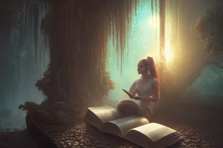 Image similar to breathe into euphoria, a girl reading a book, altered carbon, dreamy ethereal vibe, atmospheric, detailed intricate render, fibbonacci, detailed illustration, hd, 4 k, digital art, overdetailed art, surrealistic, by greg rutkowski, by loish, laura sava, slavic traditional trending on artstation, deviantart